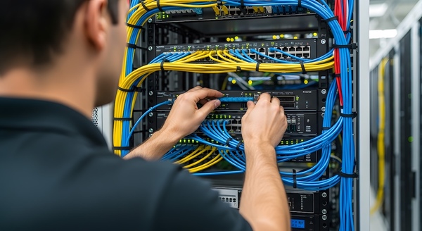 network operator adjusting network cables